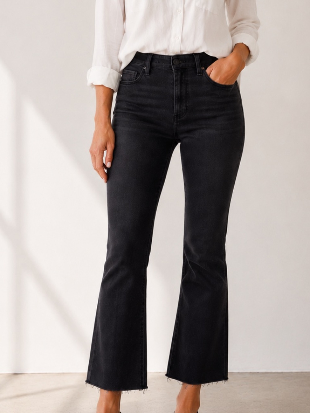 PAIGE Claudine Black Raw Hem Bootcut Jeans Size 26 High Rise Stretch Denim